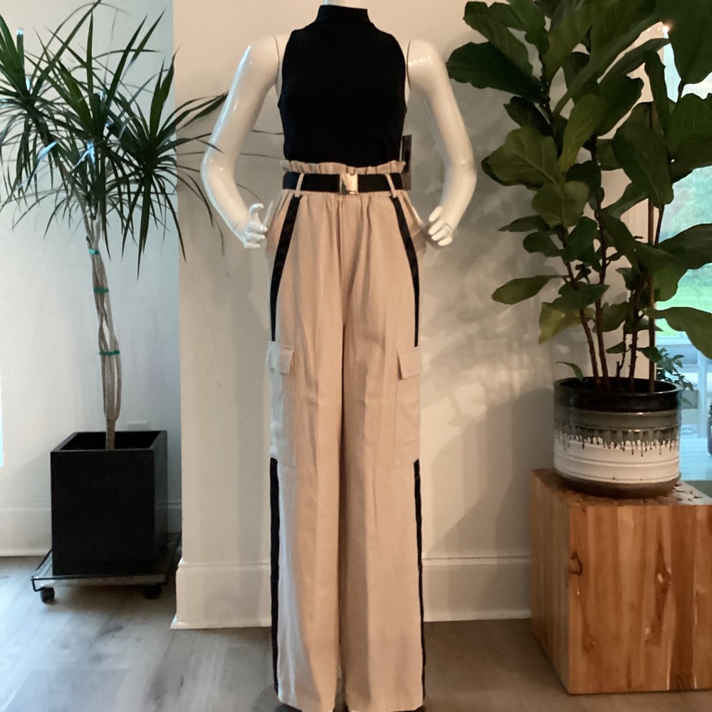 NWT MISSGUIDED TALL SIDE STRIPE TAN & BLACK WIDE LEG CARGO PANTS TROUSERS EU 38